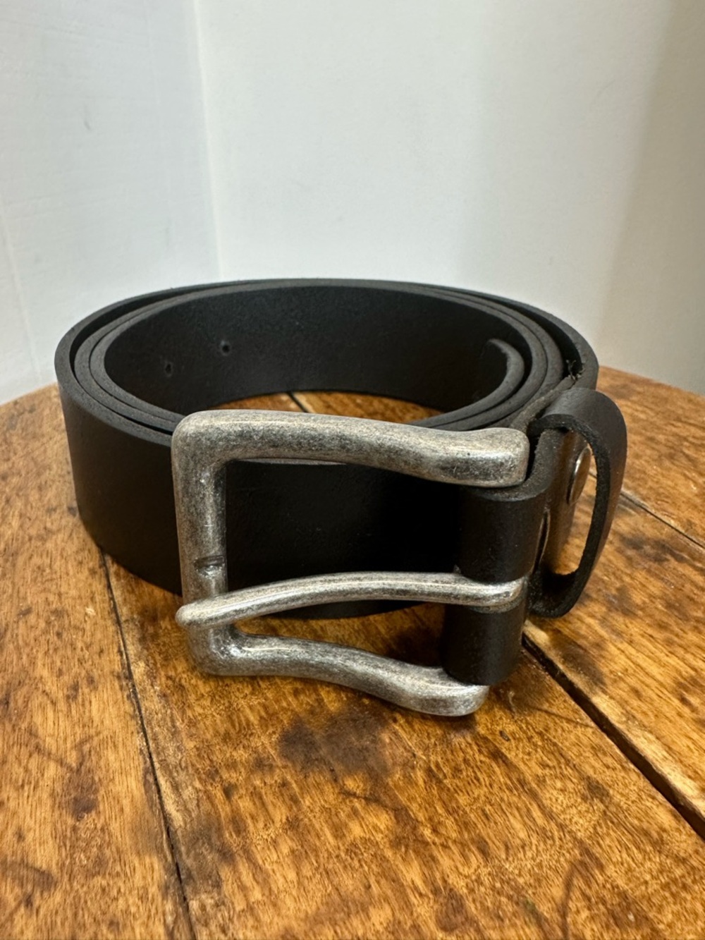 Tobacco Road Men's Size 42 Black Genuine Leather Belt with Rugged Silver Buckle